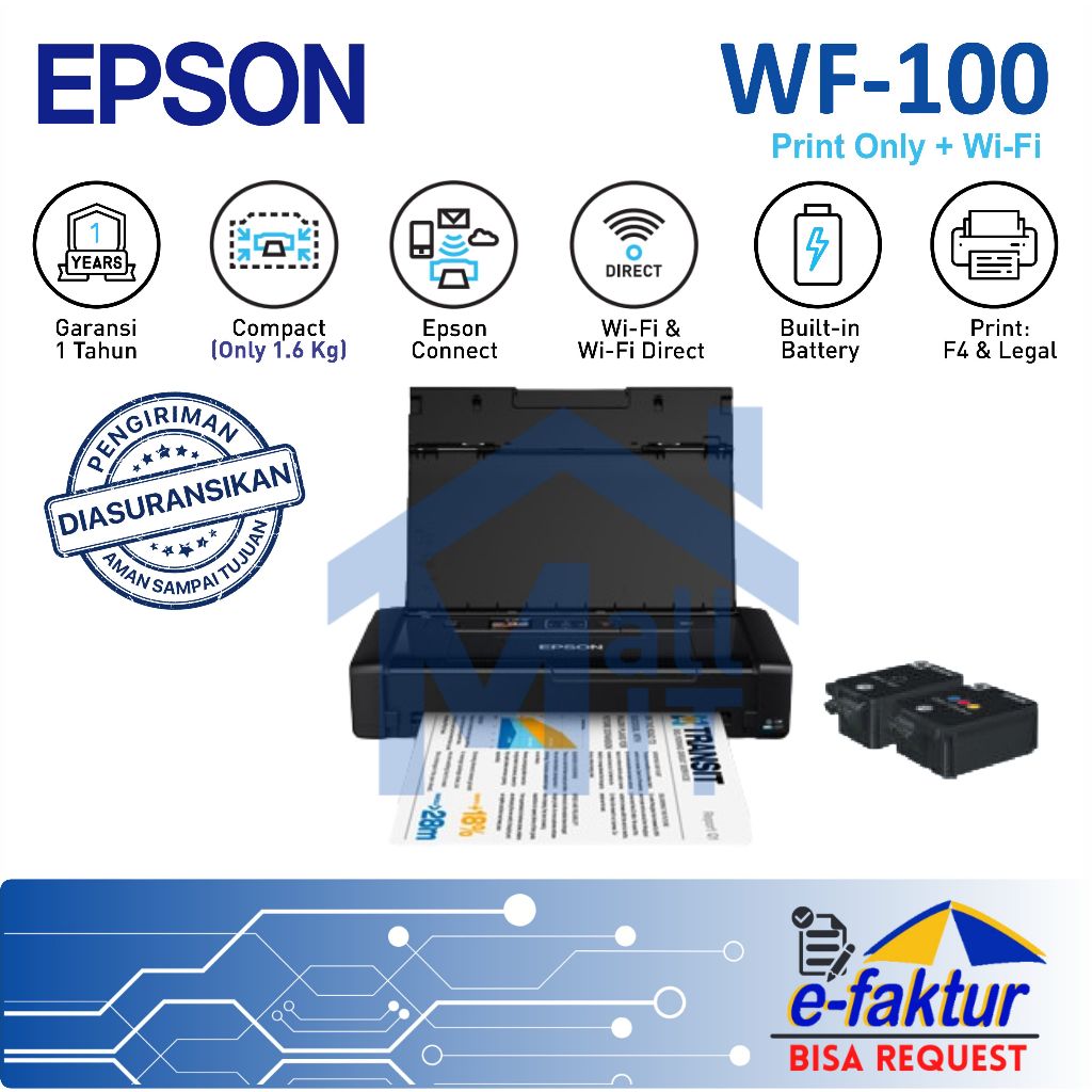MALLIT EPSON Printer Epson WF 100 WF100 WF-100 Printer Ultra Portable Ringan Wifi Direct Resmi Medan