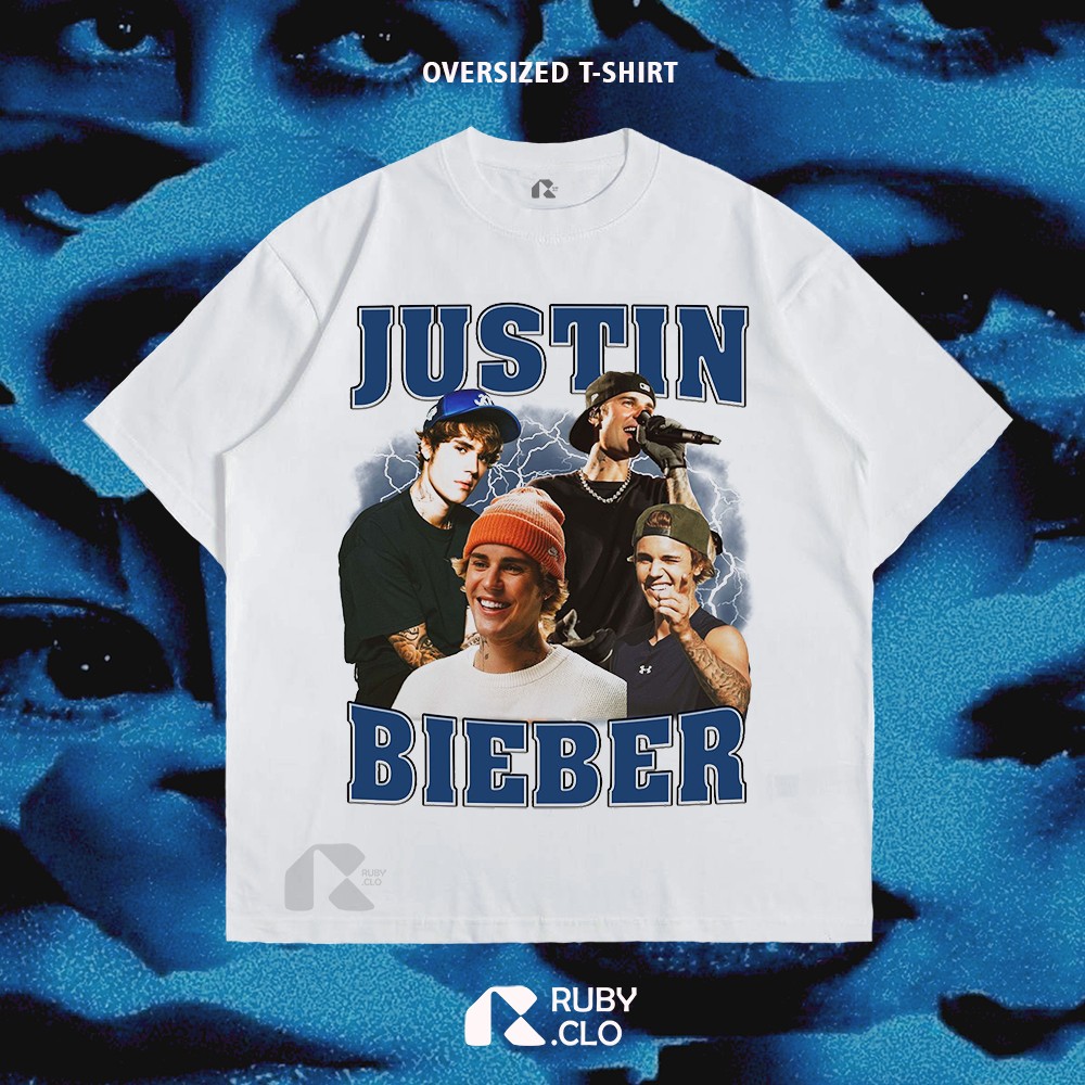 RUBY.CLO - KAOS BAJU BOXY OVERSIZE JUSTIN BIEBER BOOTLEG BLUE PUTIH | OVERSIZED T-SHIRT PREMIUM WHIT