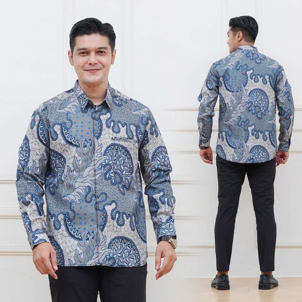 NON OBRAS Kemeja Batik Pria Lengan Panjang DOMINAN WARNA CREAM MOTIF GARIS BIRU