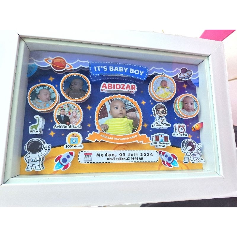 Biodata Bayi 3D/Pop Up Pigura Kedalaman 3Cm Ukuran 20x30 cm | Cetak Biodata Timbul Estetik kenangan 