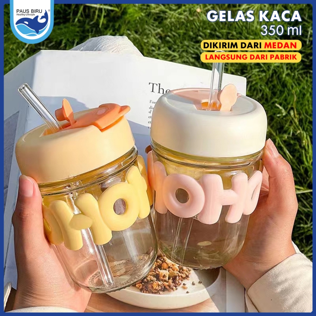 Gelak Kaca Hoho Kopi 350ml dengan Sedotan Silikon