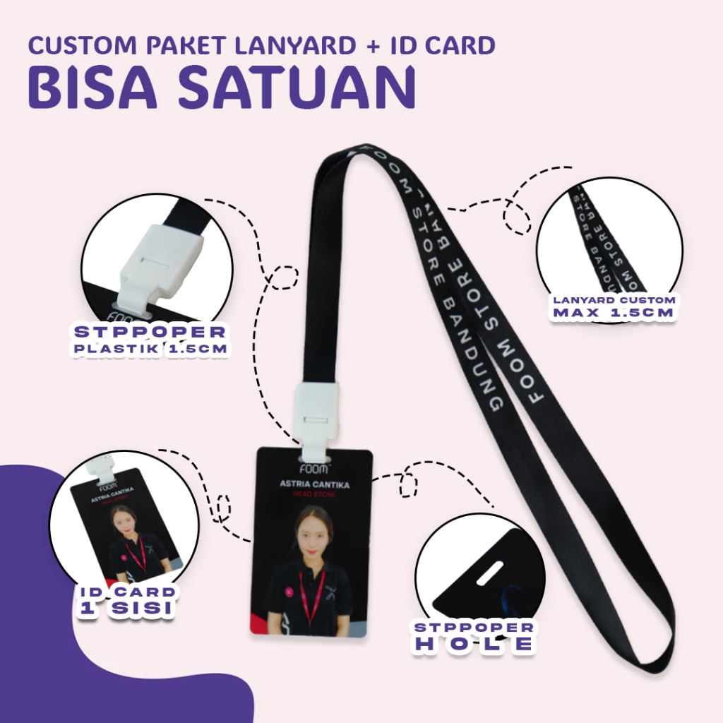 

Paket Lanyard Custom Satuan Full Printing 2 sisi Card Custom 1 Sisi Ukuran 1.5 cm Murah