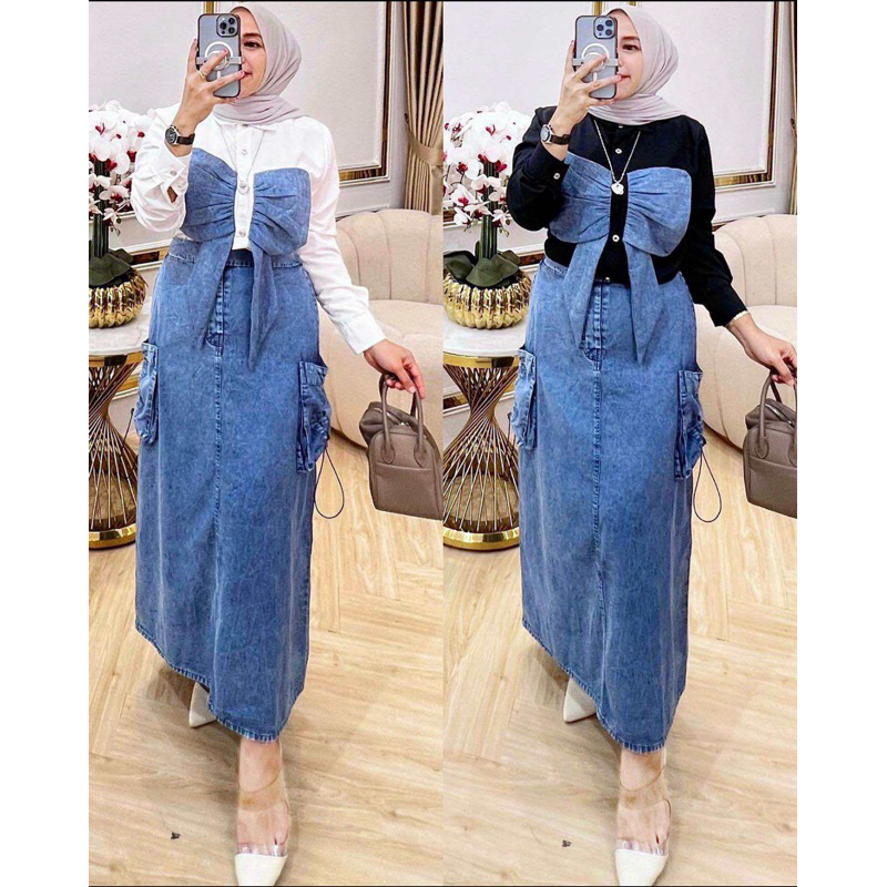 TATAOS BANGKOK BY ZR LABELLE SET ROK PITA KEMEJA & ROK CARGO TAG LABEL COTTON POPLIN MIX SOFT JEANS 