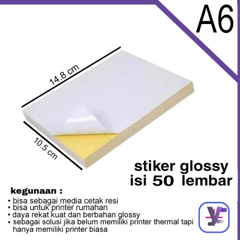 

Kertas Stiker glossy A6 50 lembar kertas stiker resi A6 glossy