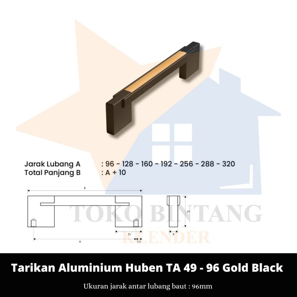 Huben Handle Tarikan Laci Pintu Lemari TA 49 - 96 Gold Black