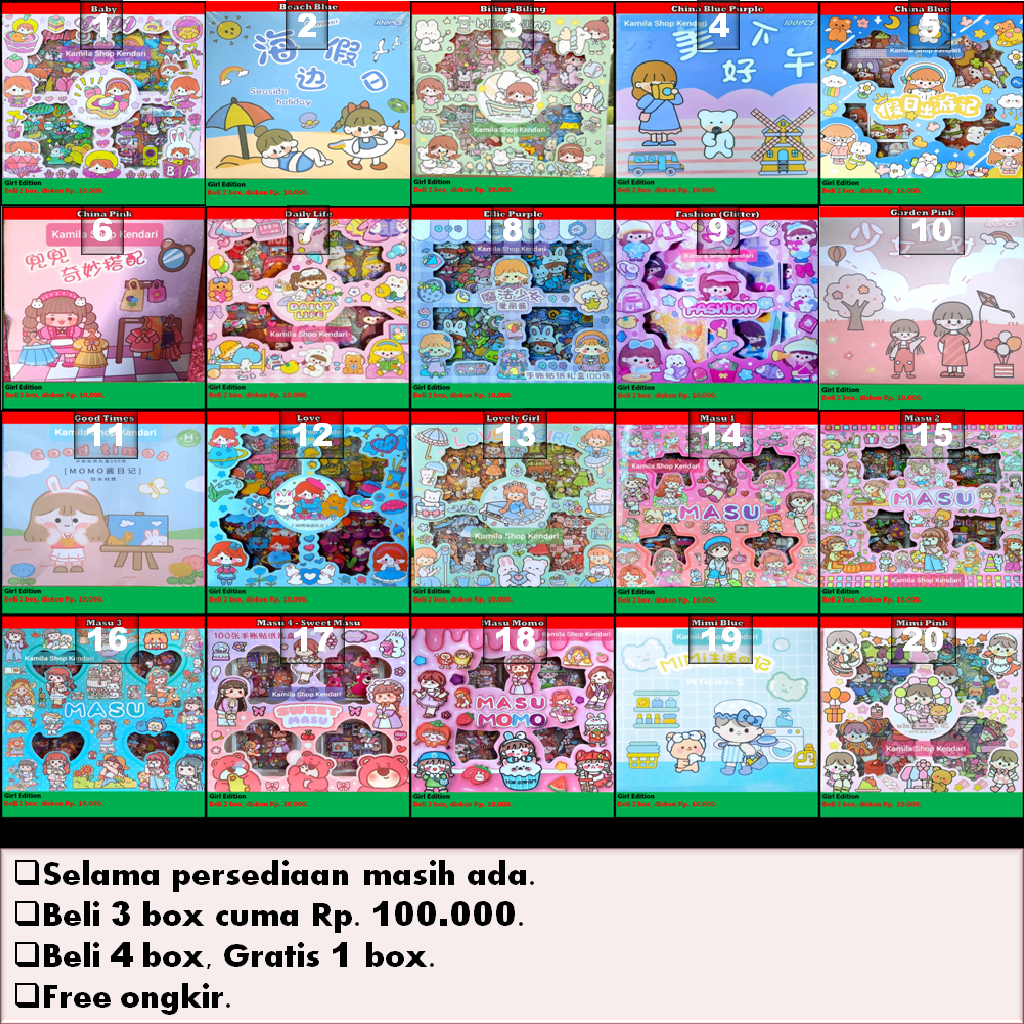 

❤️Kamila❤️ STIKER ISI 100 LEMBAR BOX BESAR GIRL EDITION, STIKER AESTETIK, STIKER MOMO, STIKER SANRIO, MAINAN SNI UNTUK ANAK-ANAK. COCOK UNTUK MELATIH KREATIVITAS ANAK. ADA LEBIH DARI 100 VARIAN.
