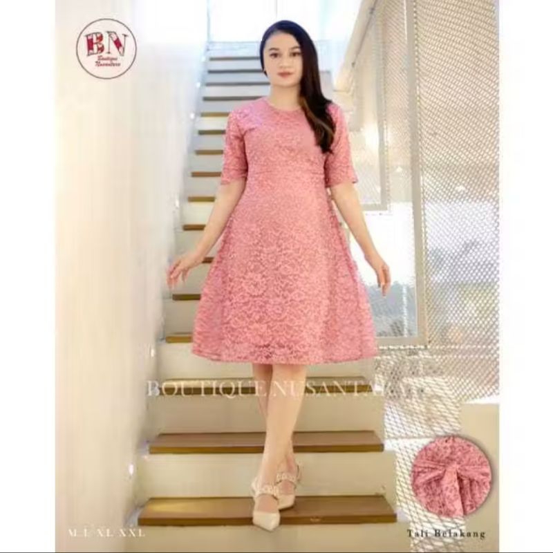 Boutique Tanpa Bling Dress Midi Lengan Pendek Pink Kebaya Cantik Murah Dress brukat brokat Bagus Kek
