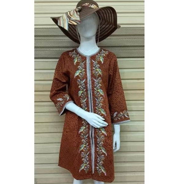 Tunik Batik Bordir Wanita Atasan Coklat Lena Batik Model Modern Terlaris