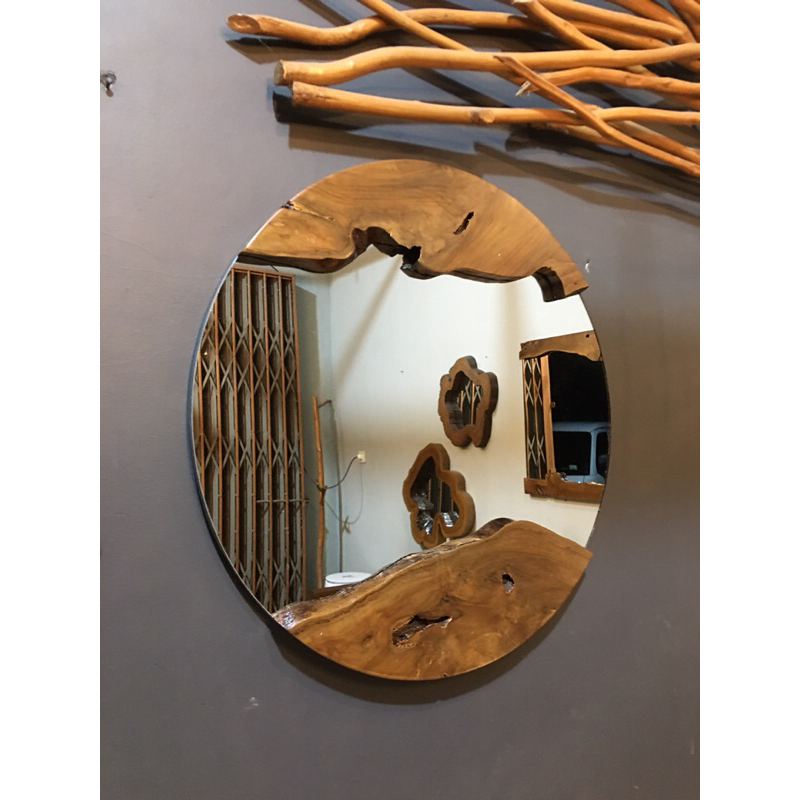 Cermin bulat/ cermin bulat kayu jati/ cermin kayu/cermin hias/ cermin dinding unik