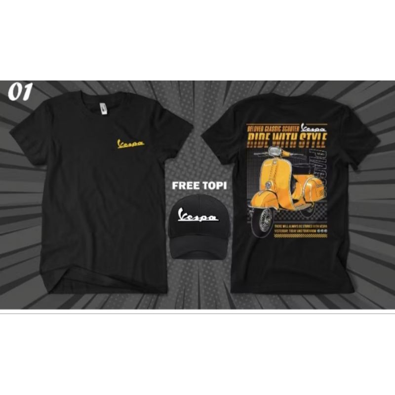 KAOS MOTOR VESPA GRATIS TOPI | kaos vespa | kaos | kualitas premium | tebal