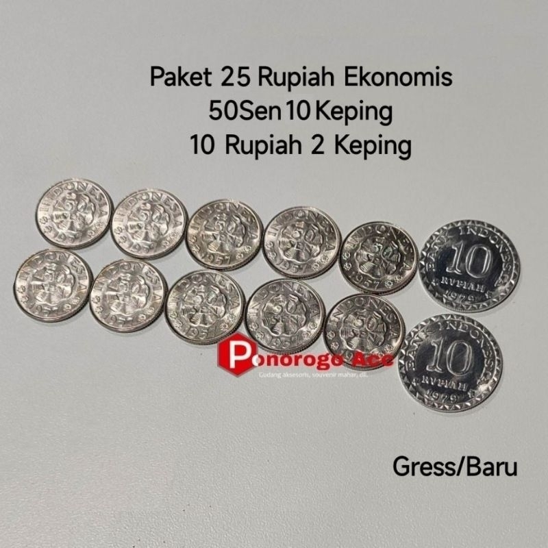 (Gress/Baru) Paket uang lama 25 rupiah seri ekonomis 50 sen diponegoro dan 10 rupiah alumunium