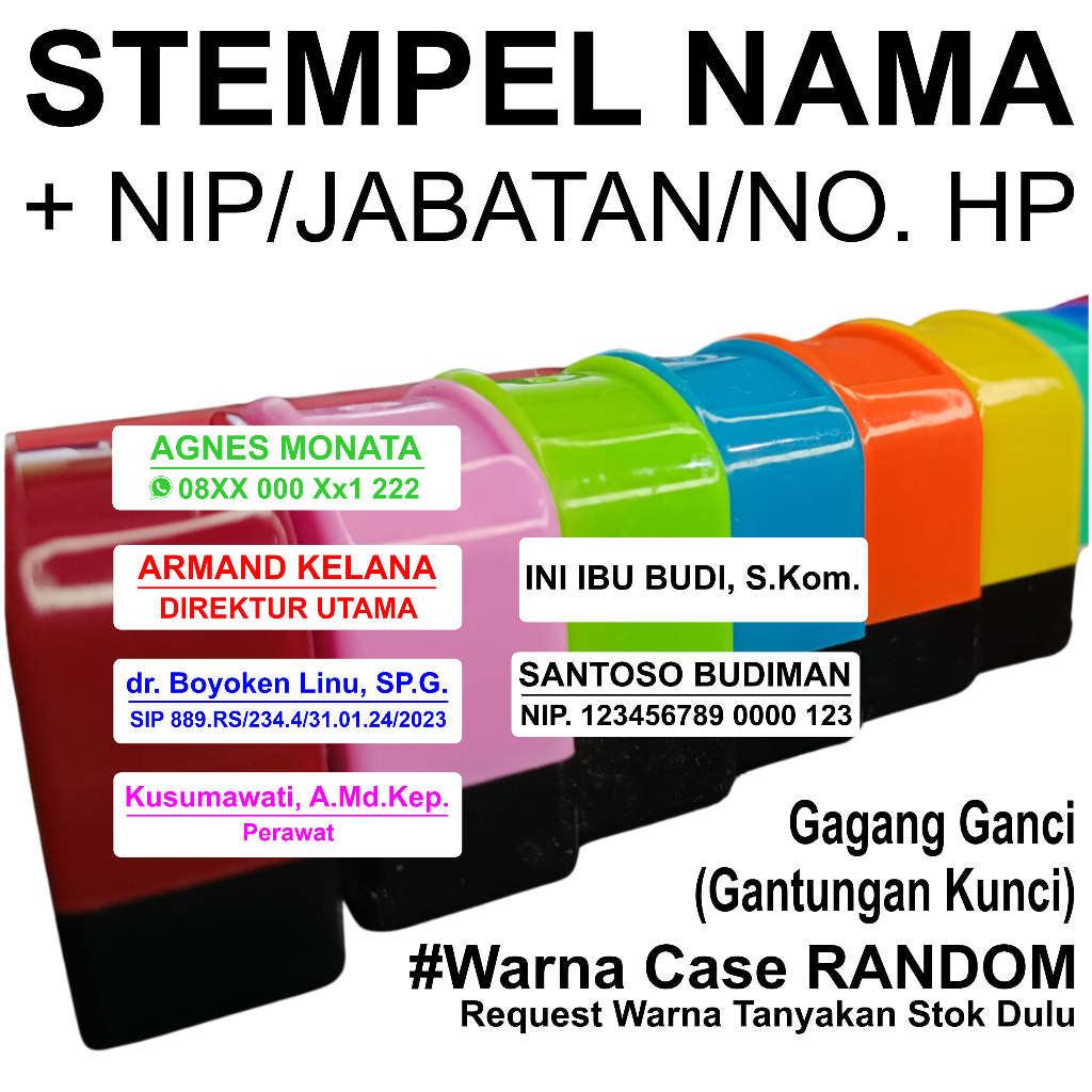 

STEMPEL GANTUNGAN KUNCI | NAMA | PROFESI | JABATAN | DOKTER | BIDAN | PERAWAT | NIP | NO HP