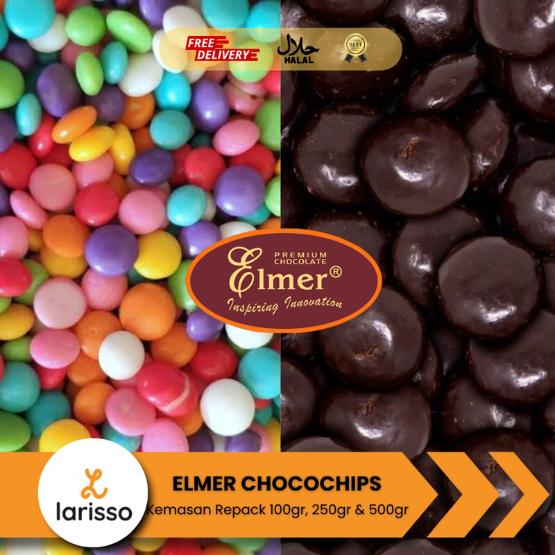 

Elmer Choco Chips (Half Round) DARK / WARNA Repack 100gr 250gr & 500gr - Topping Cake Chocochip Setengah Bulat