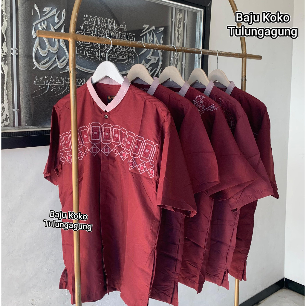 Baju Koko Dewasa Lengan Pendek warna merah maroon Ukuran M L XL motif bordir