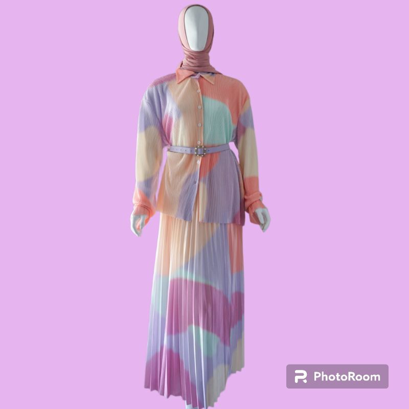 ONESET CEWEK PLISKET SETELAN ROK KEKINIAN SETELAN ROK COLORFUL