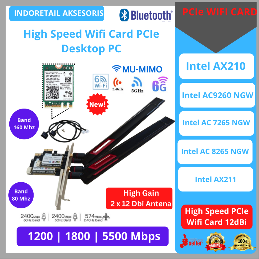PCIe Wifi Card NGFF Intel  AC8265 AC7265 MT7921K AX210 AC9260 Dual Band 2.4 5 6 Ghz Bluetooth Very H