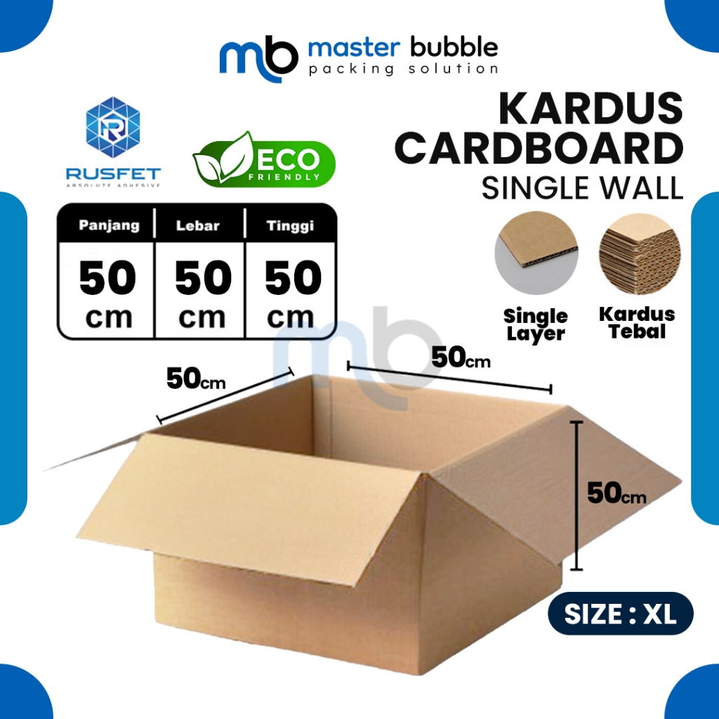 

Kardus Packing Dus 50 X 50 X 50 cm Box Cardboard RUSFET Single Layer Coklat Polos Harga Ecer Lembar