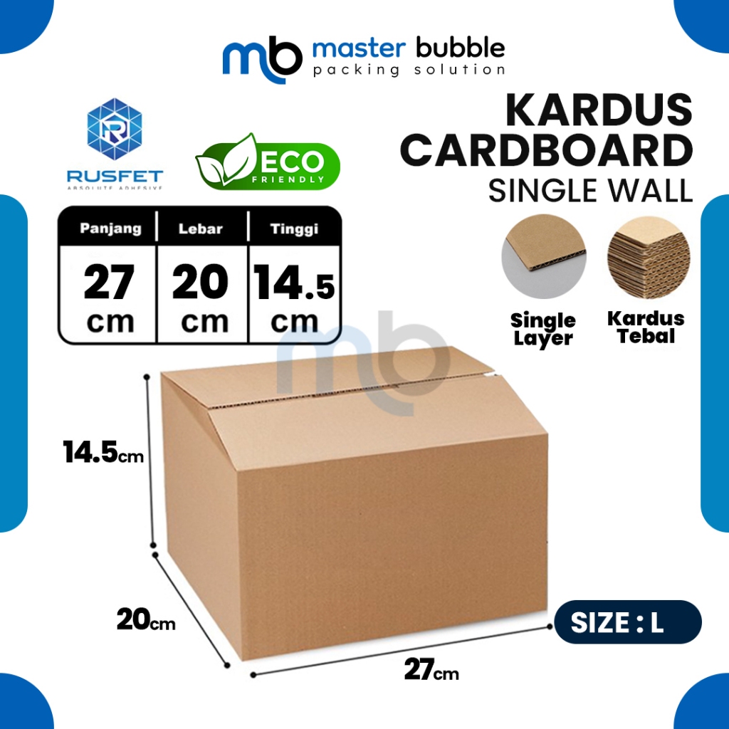 

Kardus Packing Dus 27 X 20 X 14.5 cm Box Cardboard RUSFET Single Layer Coklat Polos Harga Ecer