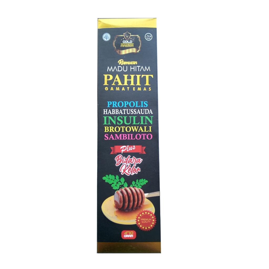 

Madu Hitam Pahit Gamat Emas GOLD MASTER plus Propolis Daun Insulin Habbatussauda - Exp : 2026