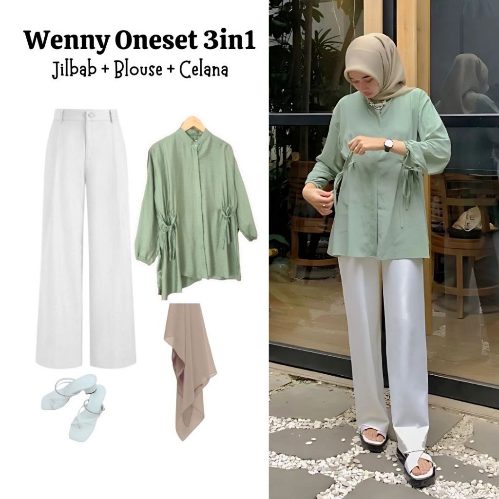 One set 3in1 blouse baju atasan sage serut celana kulot highwaist pant jilbab bella | ootd outfit wa