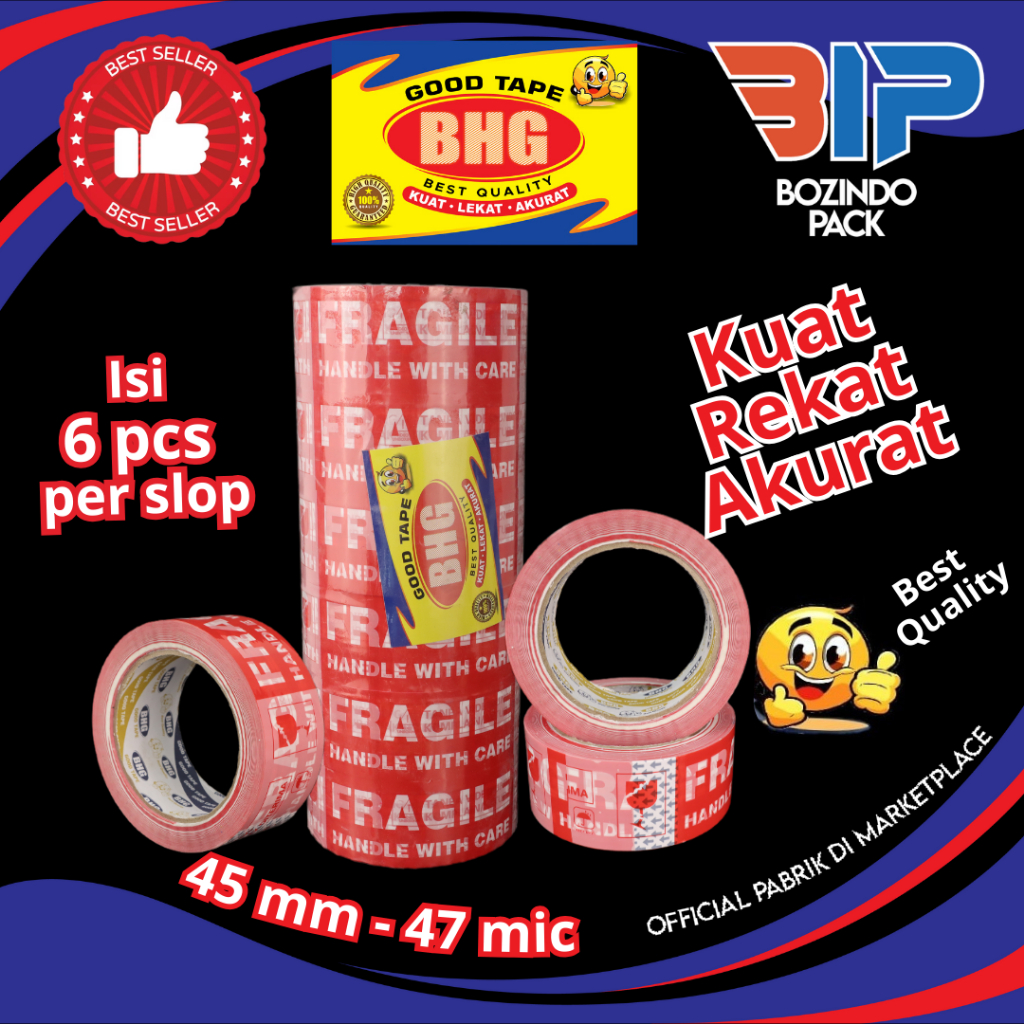 

Lakban Fragile Merah BHG Good Tape OPP Tebal 47 Mic Lebar 45 mm 47 micron 1 Slop Isi 6 Roll