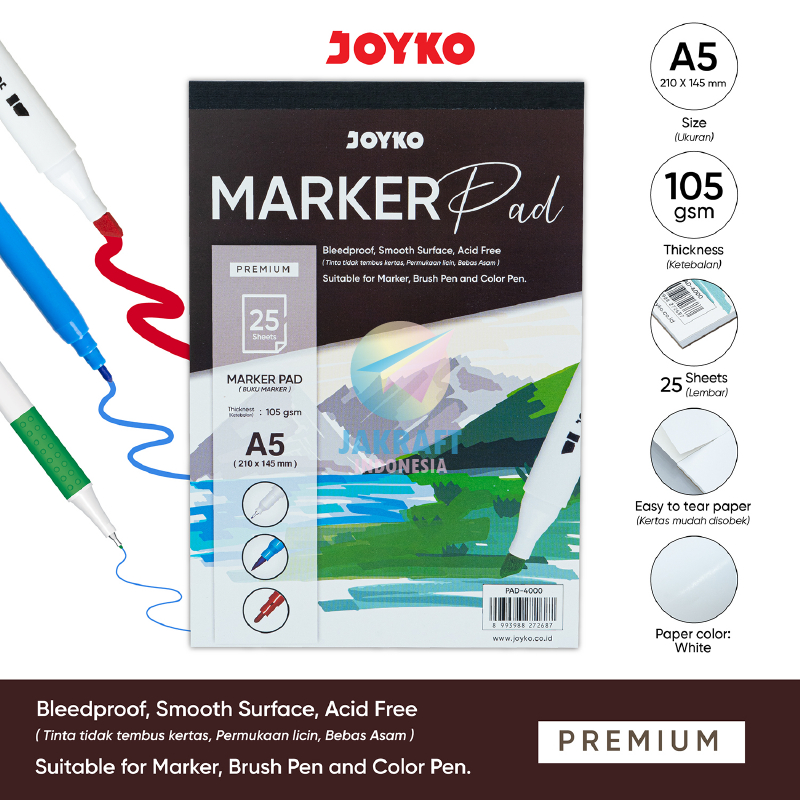 

(25 Lembar) Kertas Kanvas Khusus Spidol Gambar Lukis Mewarnai Anti Tembus A5 JOYKO PAD-4000 Marker Pad Bleedproof Paper Tebal 105 Gsm Segala Jenis Warna Tinta Akrilik Poster Color Brush Pen Permanent Pigment Waterbase