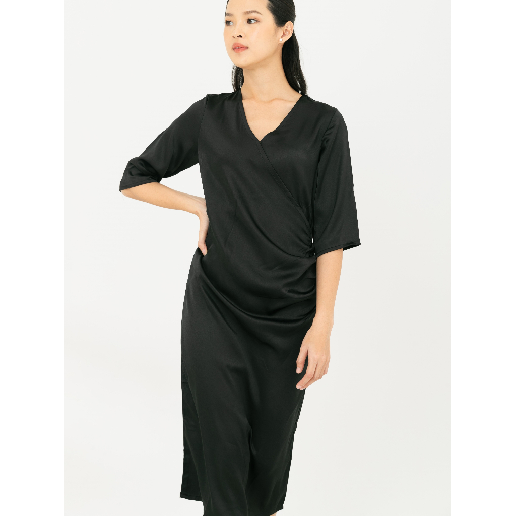 Dress Pesta | Dress Formal Satin Silk Midi Premium Hitam/Elegant Black