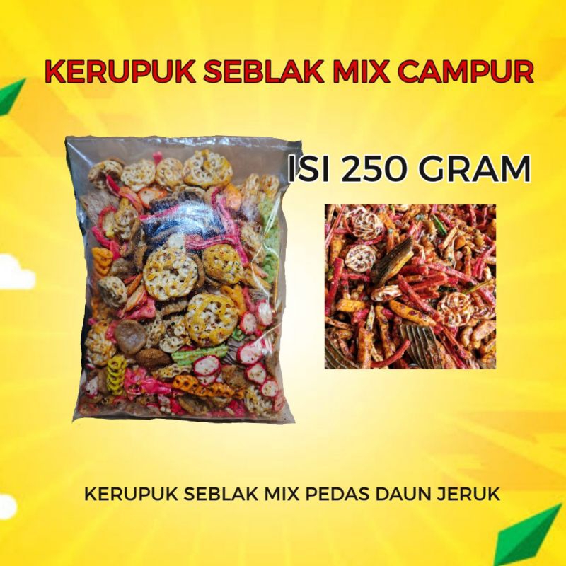 

Seblak kering pedas daun jeruk campur / kerupuk seblak campur mix pedas / aneka seblak mix 250 gram