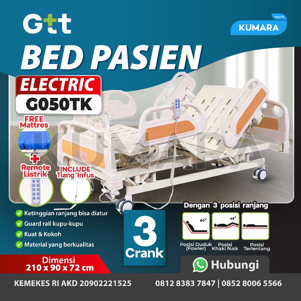 GTT - Hospital Bed 3 Crank Electric G050TK Free Matrass / Bed Pasien / Ranjang Pasien Elektrik