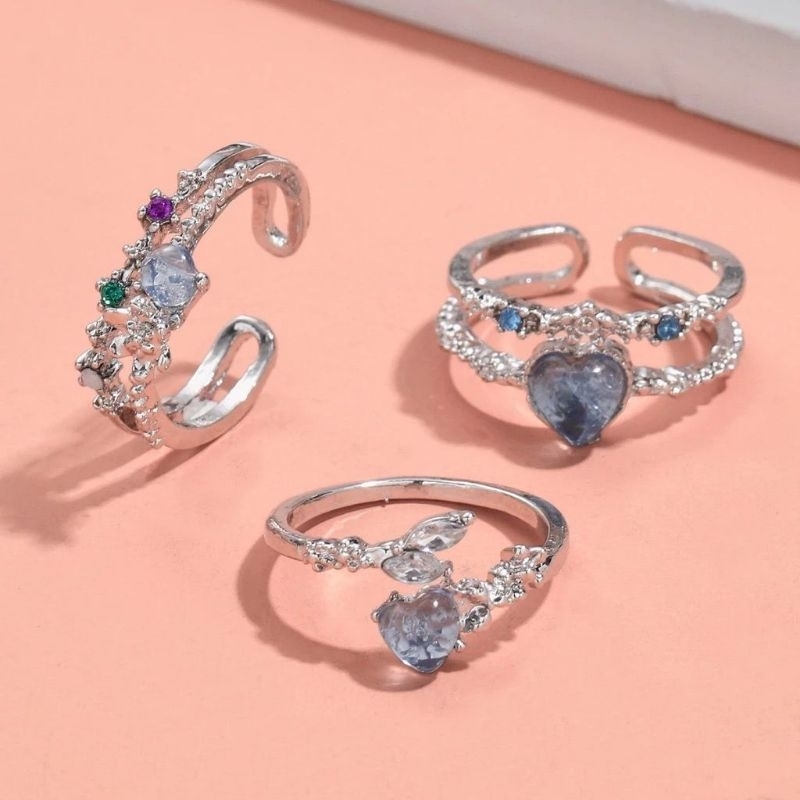 Set cincin wanita isi 3pc zirkon permata biru muda baby blue berlian diamond buatan ring aksesoris a