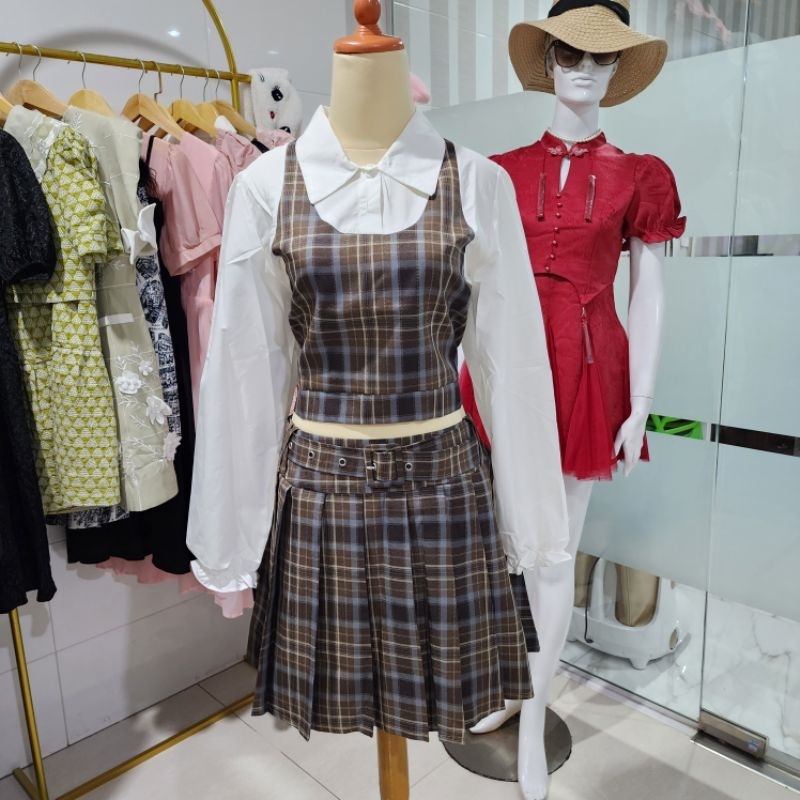 Oneset atasan rok celana model korea motif kotak premium wanita 18