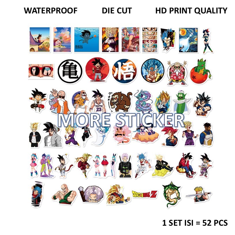 

ISI 52 PCS STICKER PACK MOTIF ANIME DRAGON BALL PVC VINYL WATERPROOF UKURAN 4-5CM HP LAPTOP KOPER HELM MOTOR