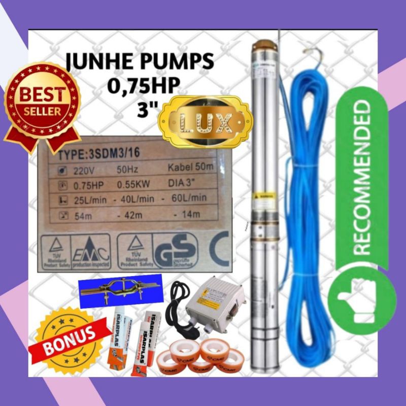 PROMO Pompa satelit 3inch 0, 75Hp JUNHE 3SDM 3/16 Pumps+Kabel 50M KOMPLIT submersible 3/4 Hp 0.75Hp 