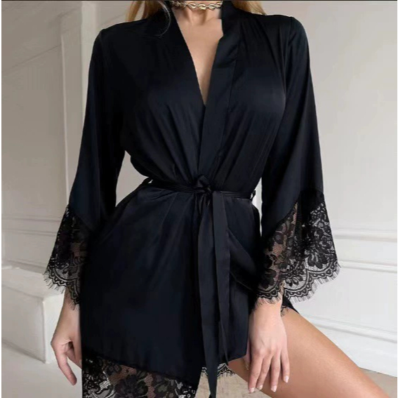 [Lavarda Store] VZ026 - Daster Gaun Model Jubah Sutra Es Lengan Renda Baru 2025 Piyama Tipis Seksi W