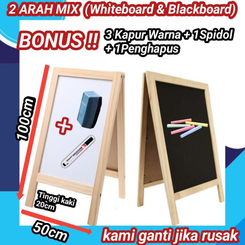 

papan tulis mix blackboard & Whiteboard 50x100cm (Gratis 3 Kapur Warna, Spidol, Penghapus) igs1
