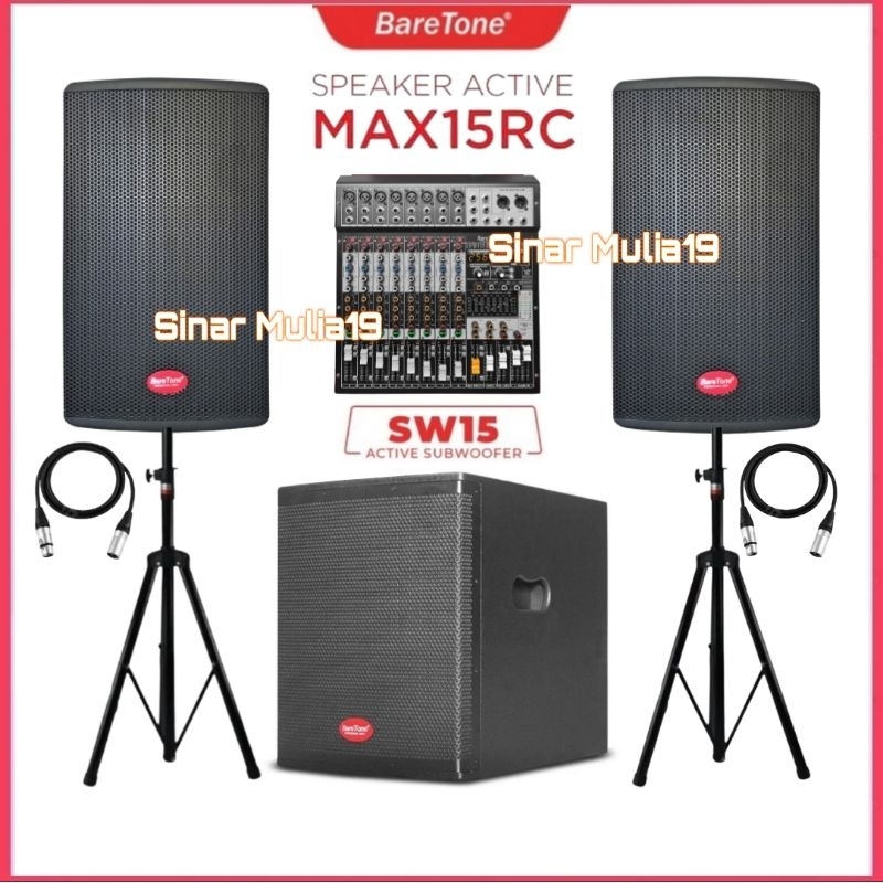 Paket Sound System Outdoor BareTone Speaker Aktif 15 Inch MAX15RC Subwoofer 15 Inch SW15 Mixer BareT