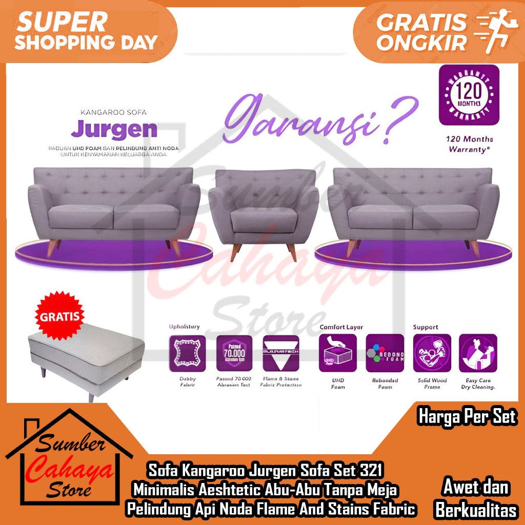 [Instant] Sofa Kangaroo Jurgen Sopa Set 321 Minimalis Aeshtetic Abu-Abu Tanpa Meja Pelindung Api Nod