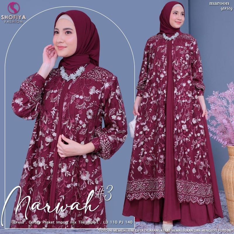 MARWAH, dres pesta muslimah  , dres tile dengan motif bunga bunga