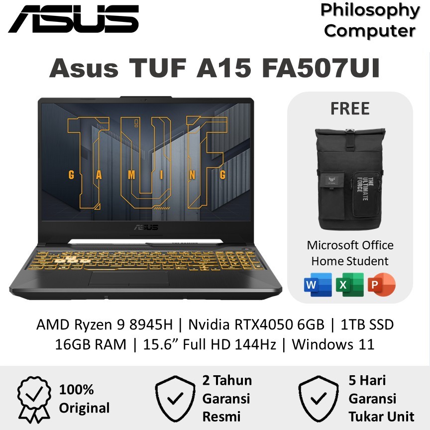 Laptop Gaming Asus TUF A15 FA507UI AMD Ryzen 9 8945H RTX4070 8GB/ 16GB 1TB 15.6 FHD 144Hz Win11 +OHS