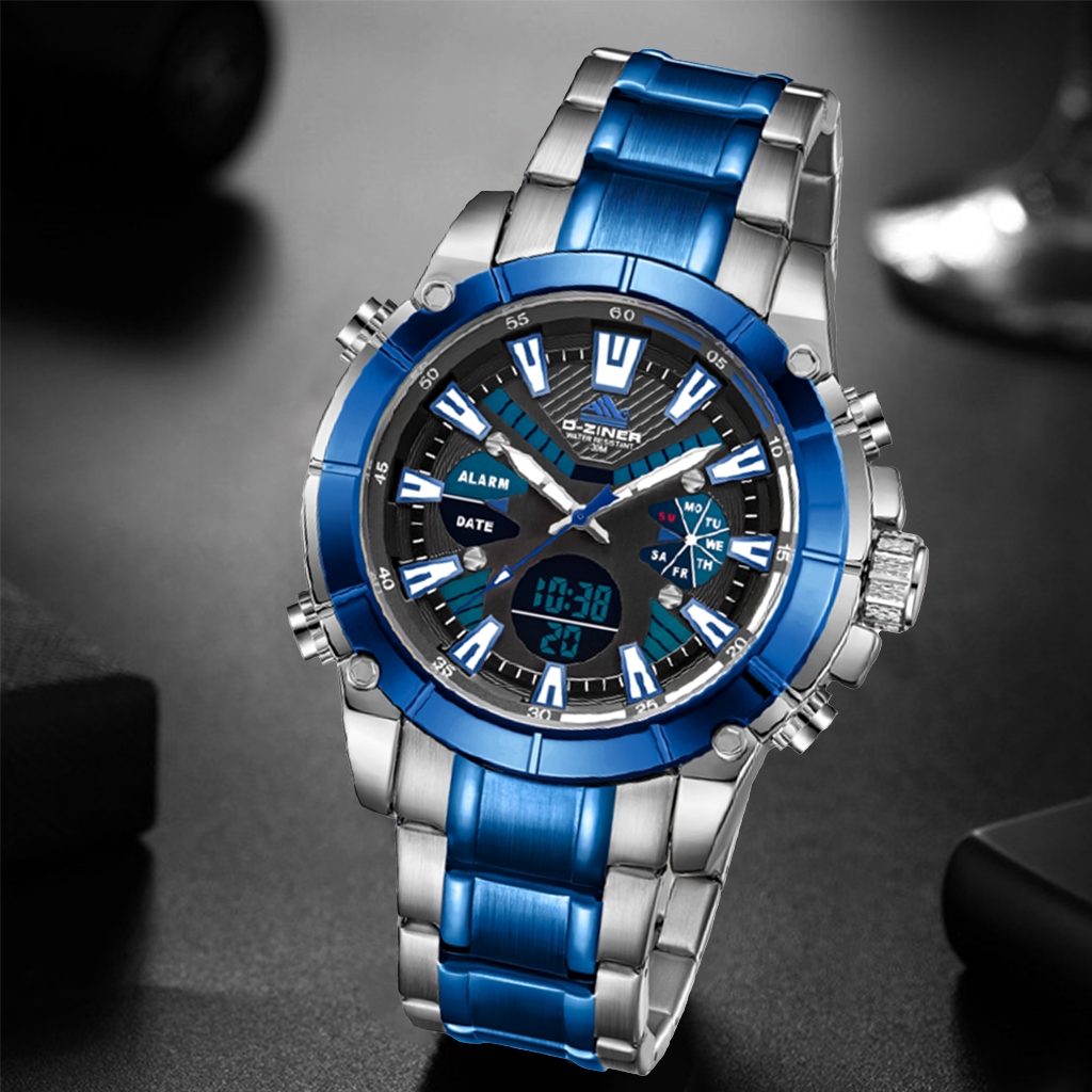 Original 100% Jam Tangan Pria Dziner 8258 Double Time Stainless Steel Water Resistant 3 ATM