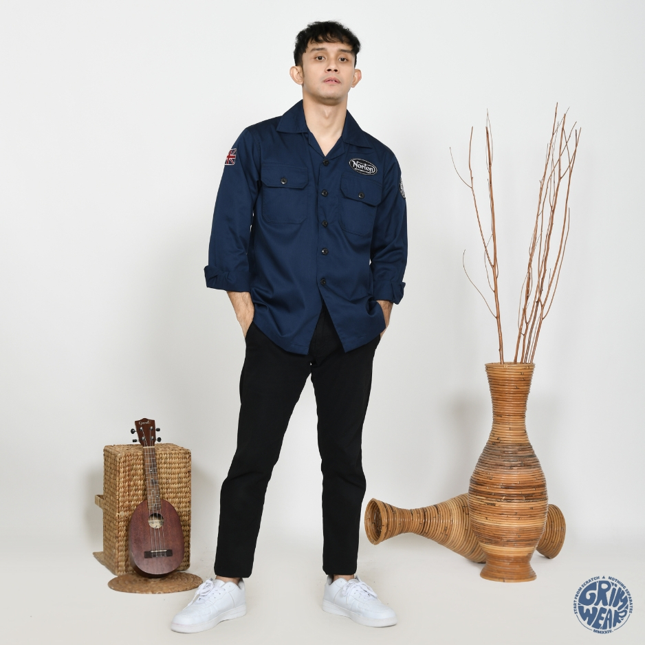 Workshirt Navy Lengan Panjang Unisex Patch Motor