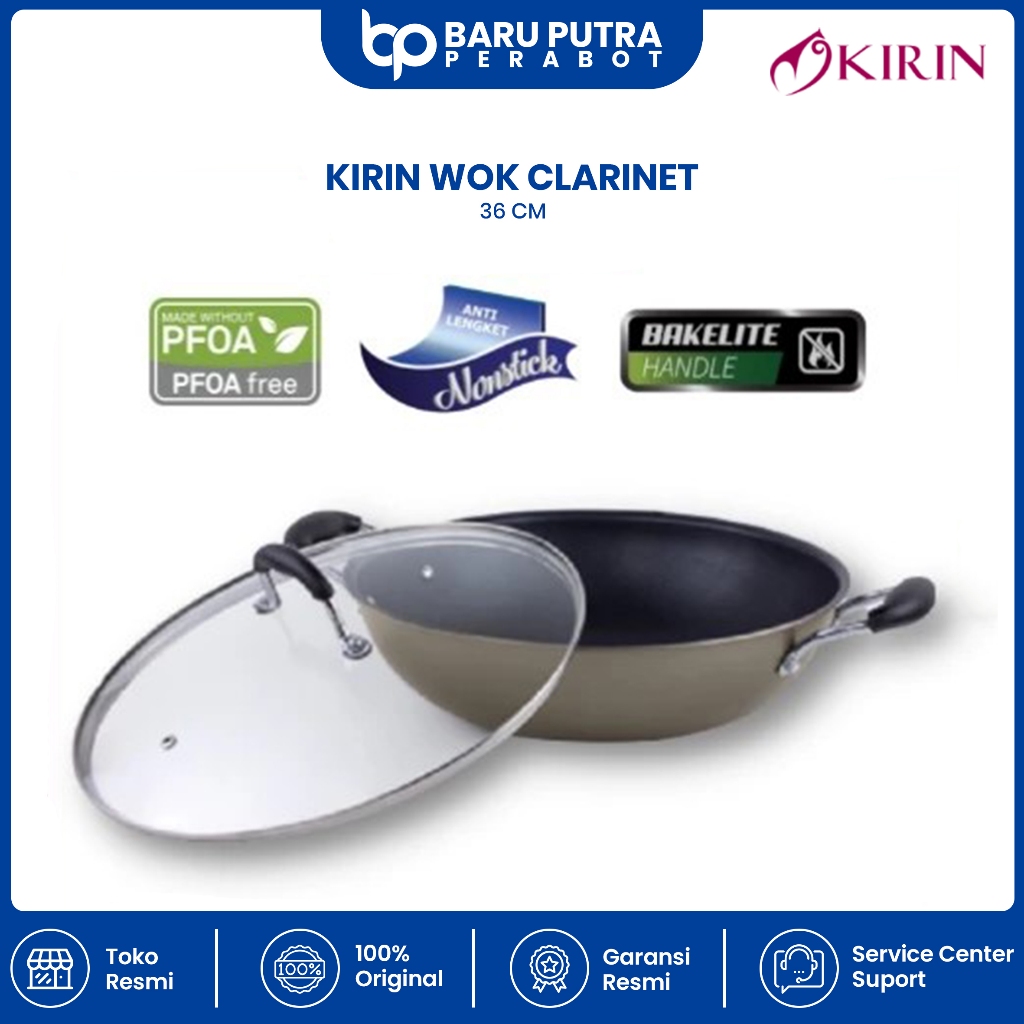 KIRIN Clarinet Wok Teflon Wajan 36CM Classic 2.3MM + Tutup Kaca