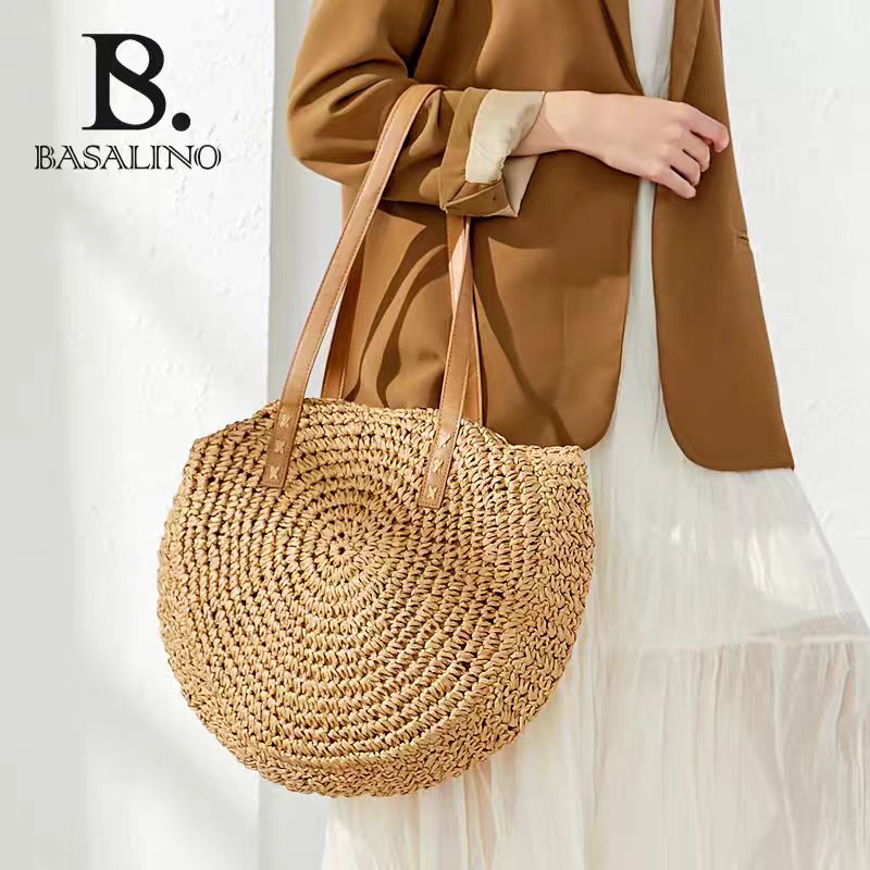 terbaru codins style holiday bag new korean style 2024 beach wicker bag round bag hollow bag beige