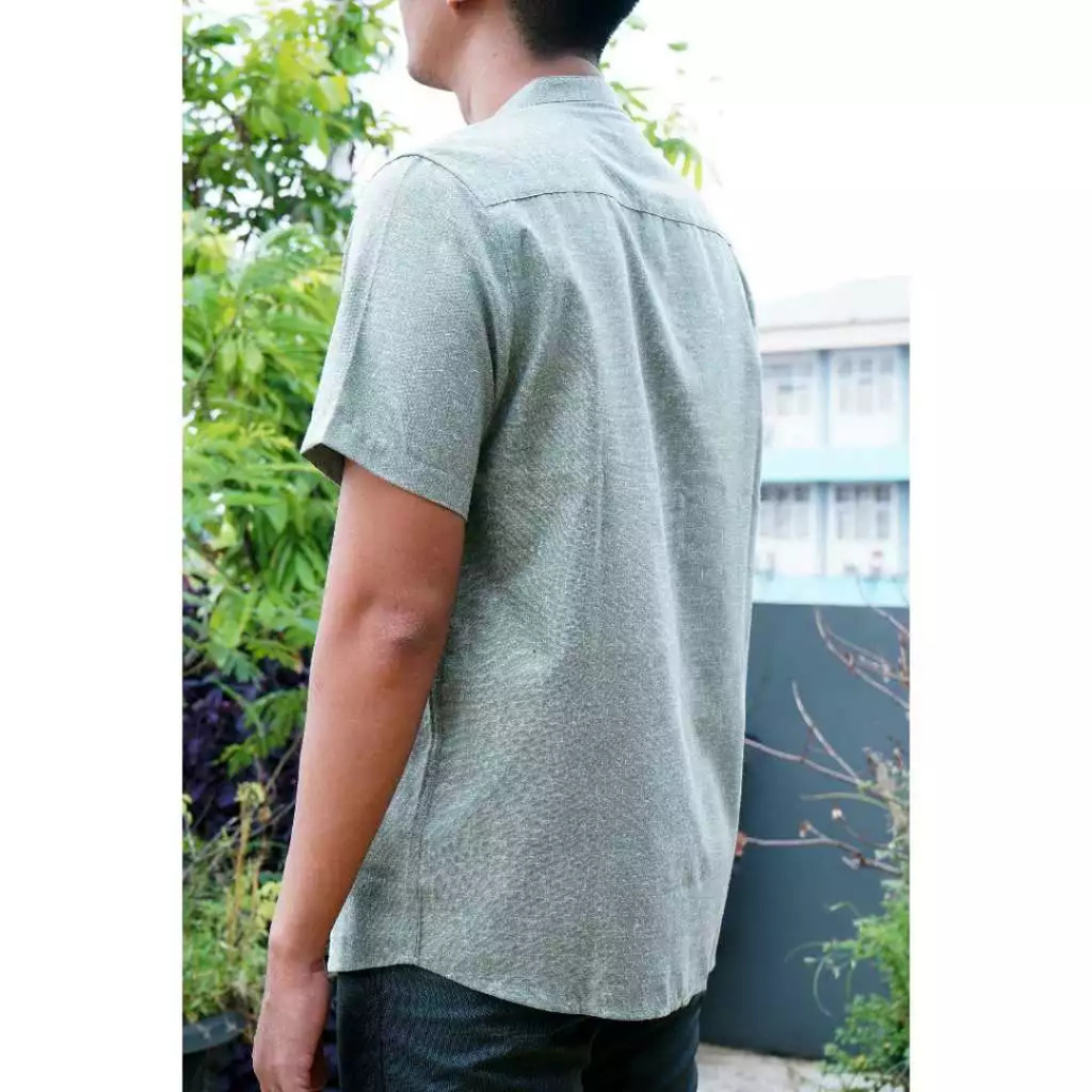 Baju Koko CLE Pria Lengan Pendek Hijau Sage Motif | Pakaian Solat Pria | Kemeja Koko | Muslim