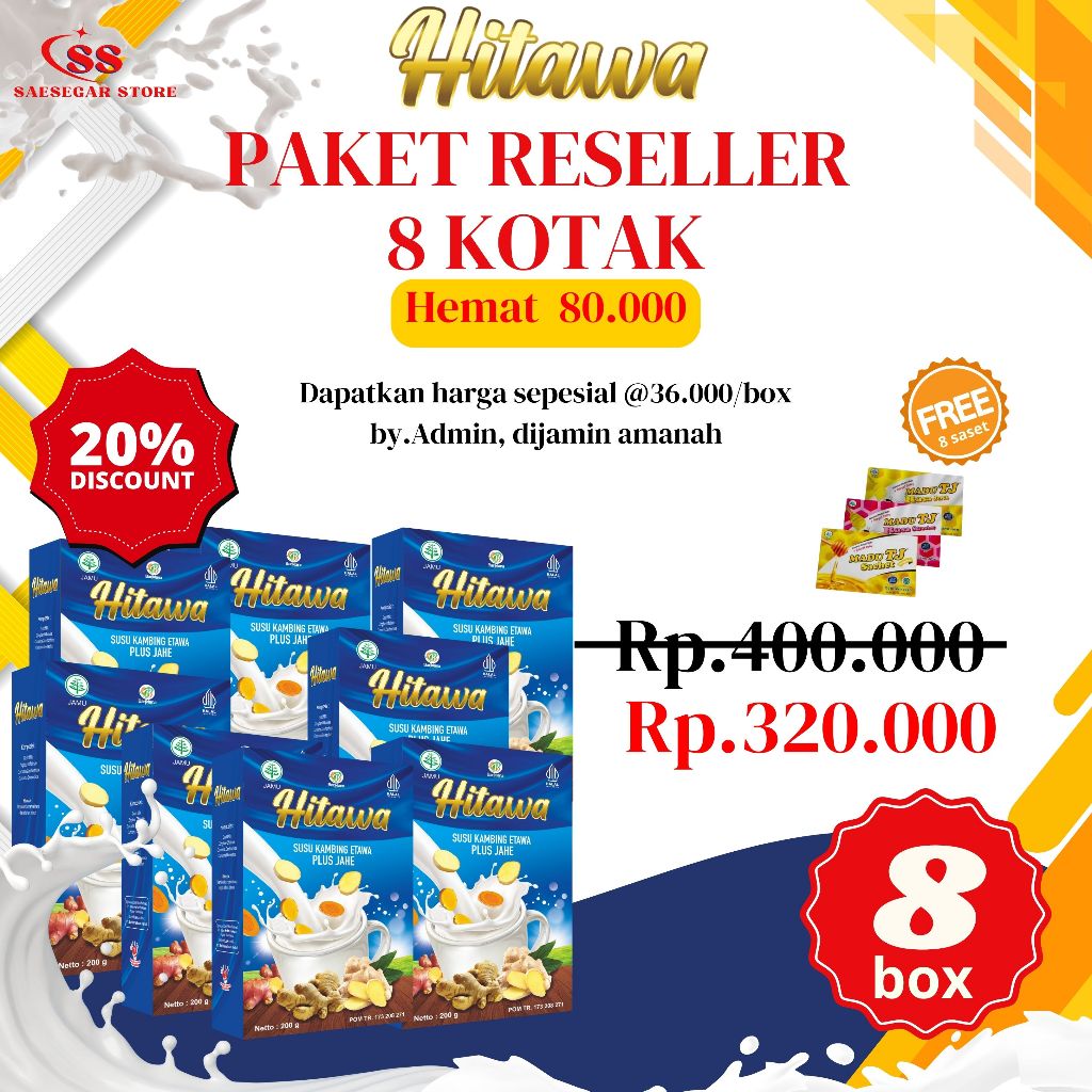 

[HITAWA PAKET RESELLER 8 KOTAK Free 8 saset MADU] Susu Kambing Etawa Atasi Nyeri Sendi Asam Urat