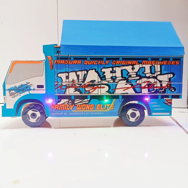 miniatur biru truk oleng full lampu terpal besar