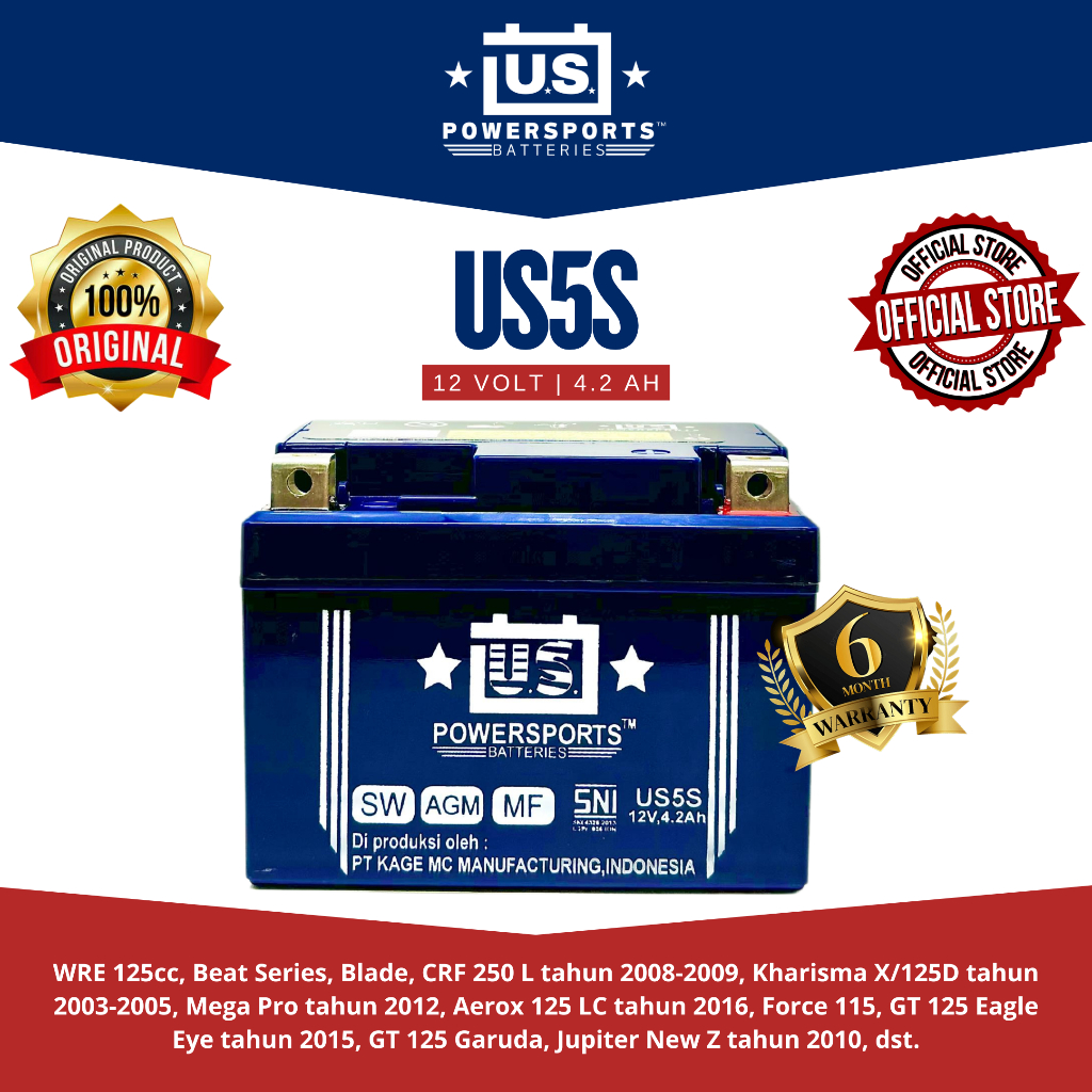 Aki Motor US PowerSports US5S - 4,2 Ah (Garansi 1 tahun)