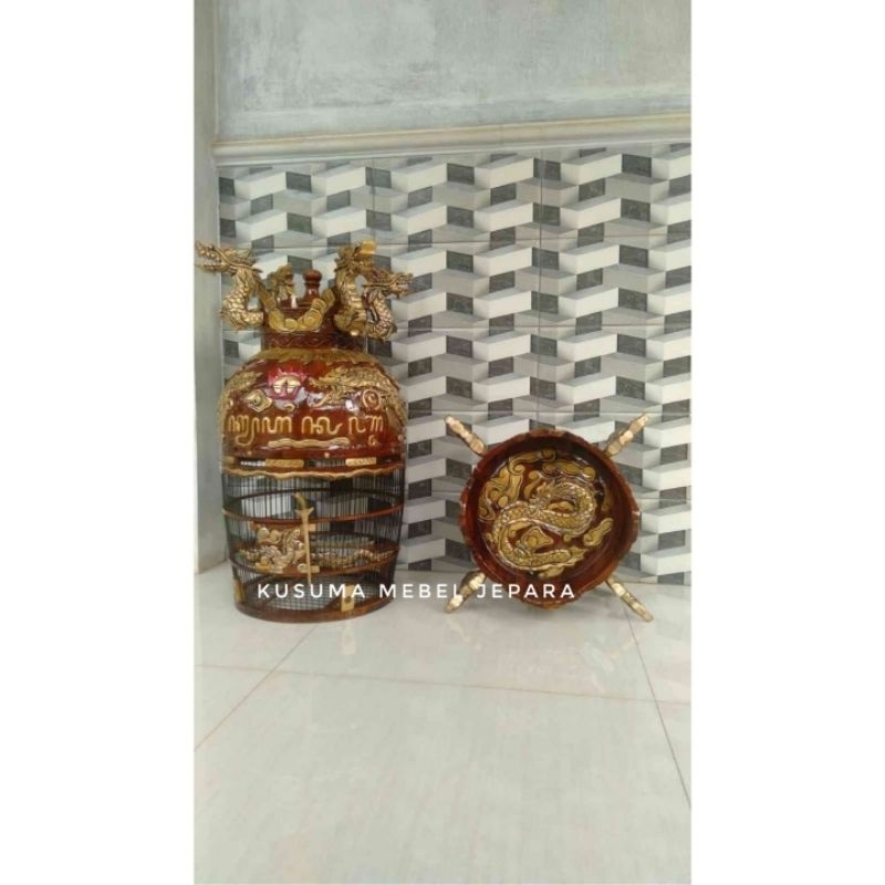 Sangkar Burung Perkutut Model Mahkota Ukir Relief Naga Kayu Jati Finishing Duco Emas (Free packing k