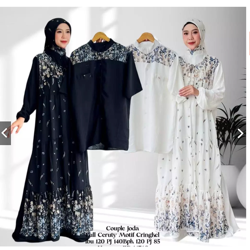 KD 14760 (isi 2 pasang) Couple Ibu Jumbo Gamis Joda Jilbab Segi Empat dan Ayah Baju Koko Full Ceruty