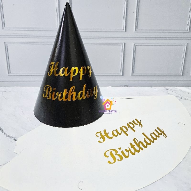 TOPI KERUCUT HAPPY BIRTHDAY BLACK GOLD WHITE hitam emas putih hbd party hat ulang tahun ultah akseso